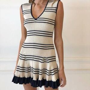 Alice McCall Frenchie Striped Mini Dress Nude Ink Blue Gold Women’s Size 4 | XS